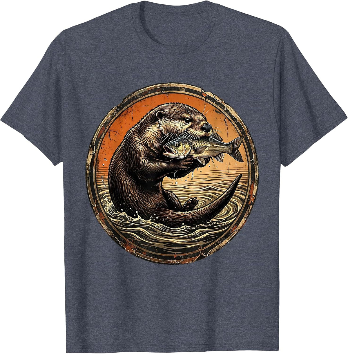 Venezuela Giant River Otter With Fish Illustration T-Shirt - Heather Blue