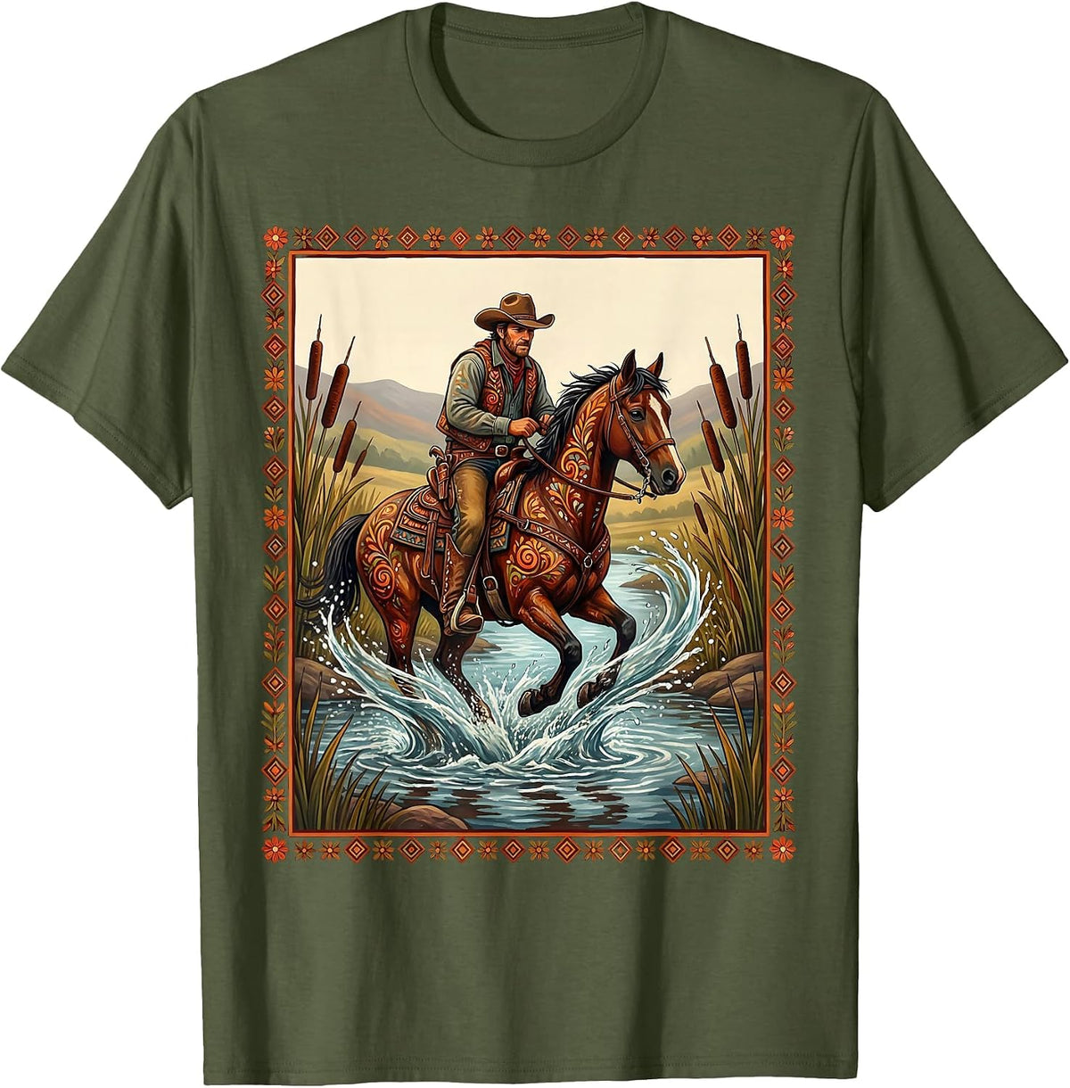 Cowboy River Crossing Western Horseback Illustration T-Shirt - Olive Green