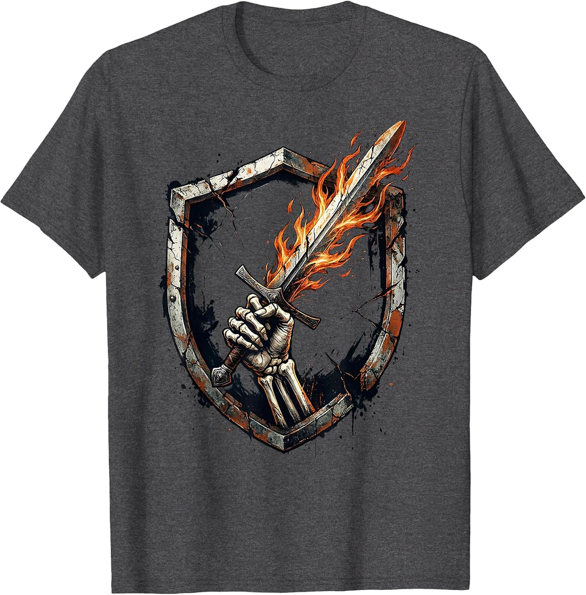 Skeleton Hand Flaming Sword Dark Fantasy Graphic T-Shirt - Dark Heather Grey
