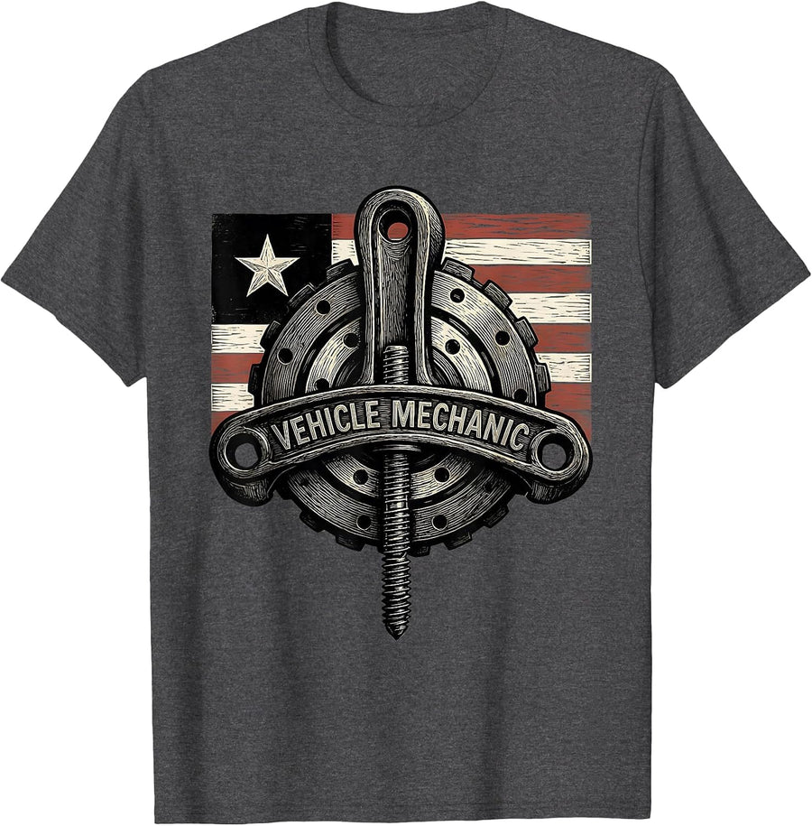 Men's Vehicle Mechanic Woodcut Engraving Patriotic Mechanic Gift T-Shirt - Dark Heather Grey
