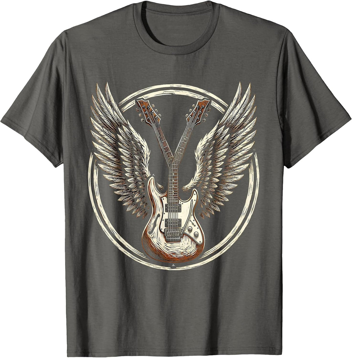 Double-Neck Guitar With Wings Rock Music Design T-Shirt - Asphalt Grey