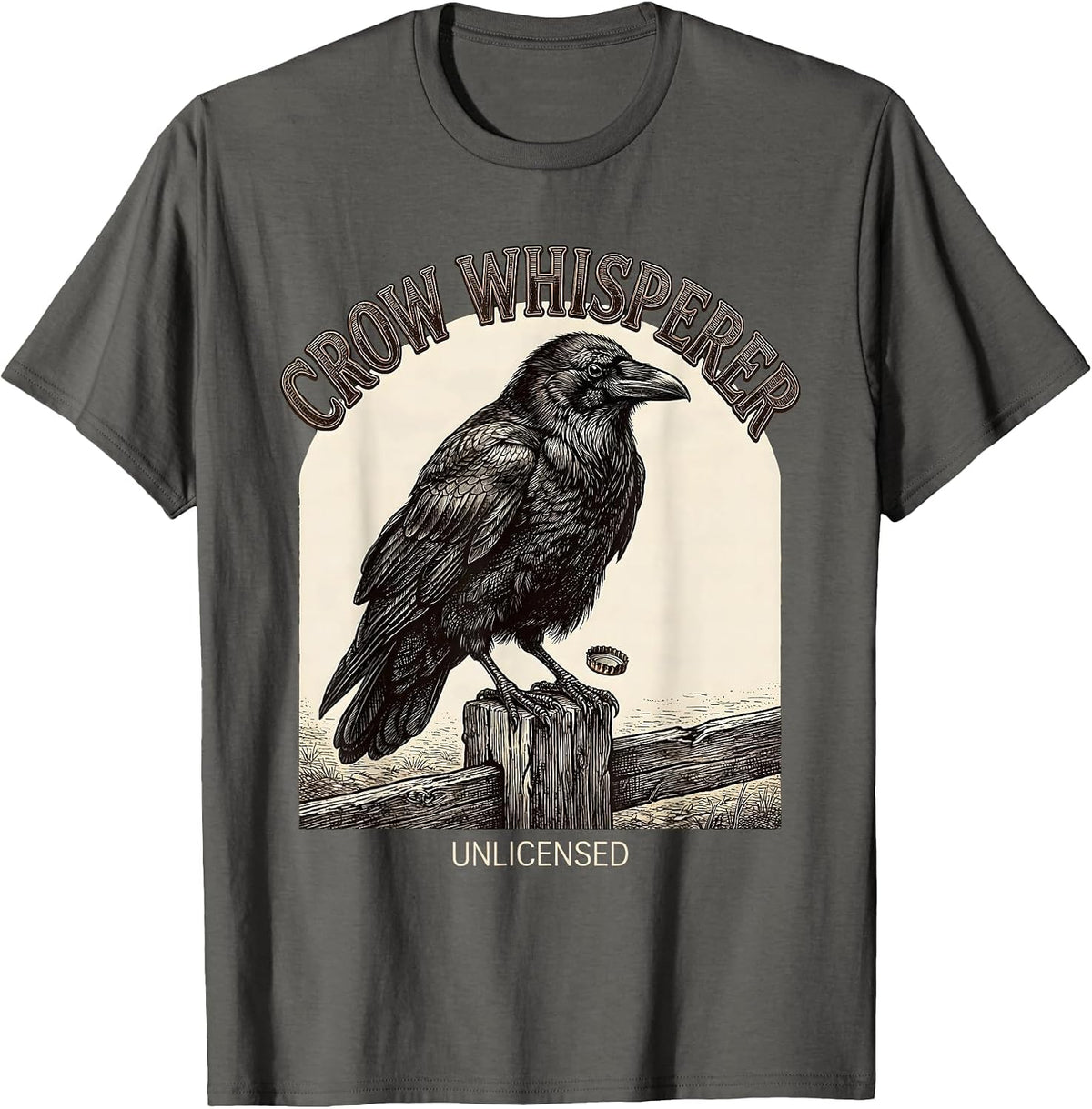 Crow Whisperer, Unlicensed Funny Crow Bird Gothic Humor T-Shirt - Asphalt Grey