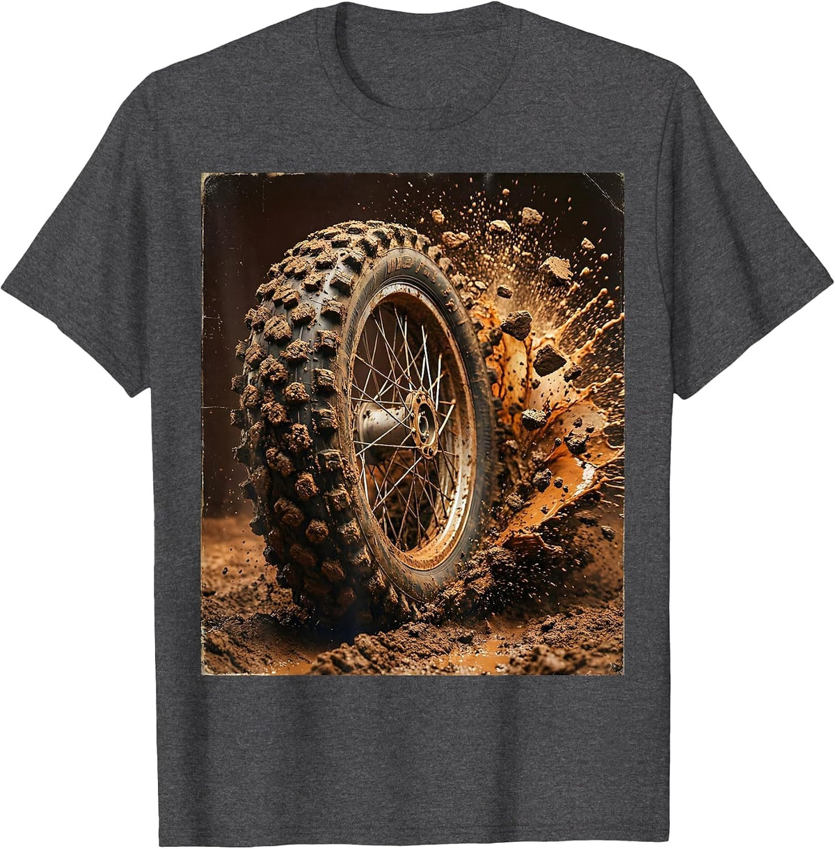 Dirt Bike Mud Splash Close-Up Graphic Tee T-Shirt - Dark Heather Grey