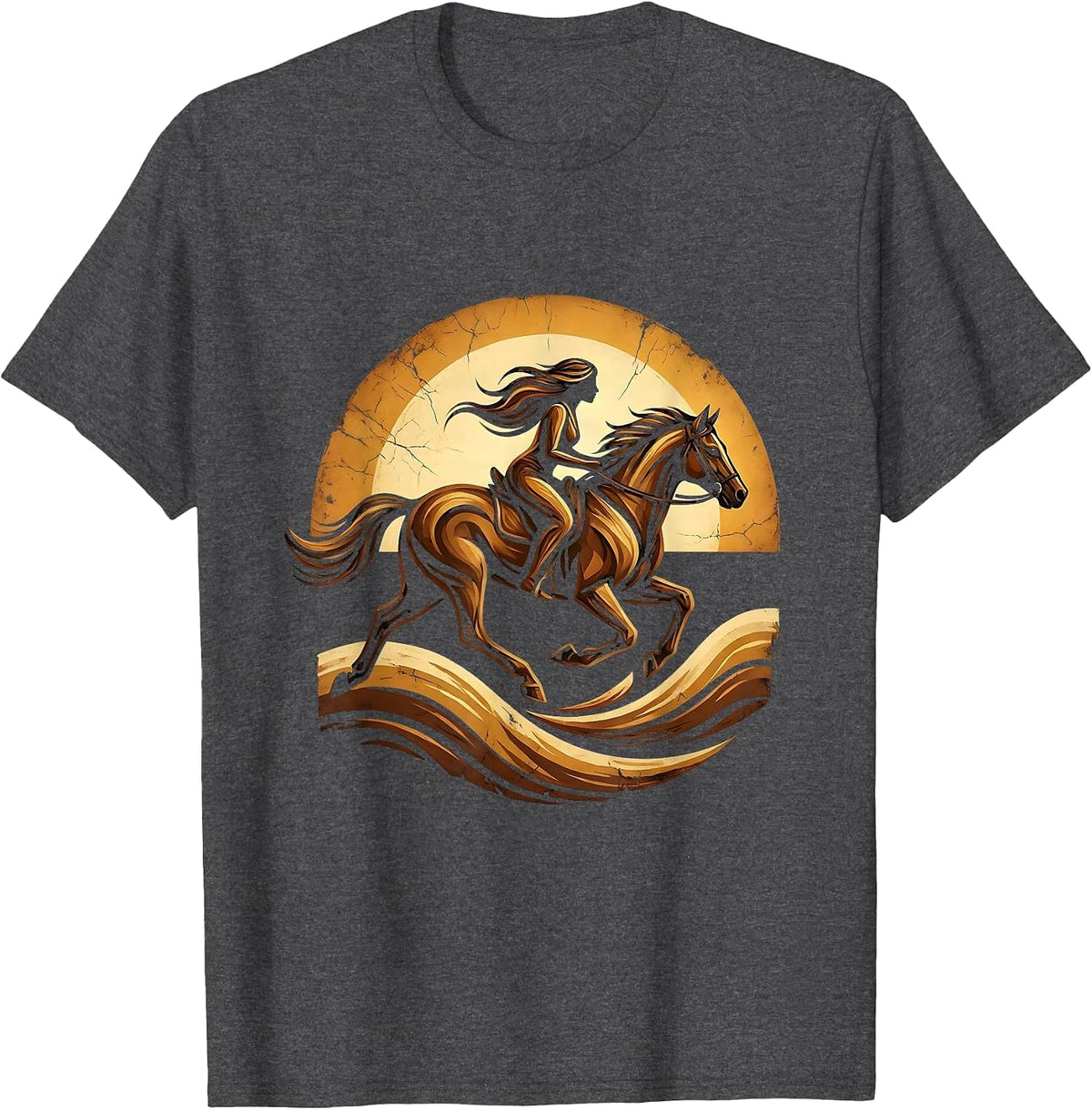 Horse and Rider Galloping Through Ocean Waves T-Shirt - Dark Heather Grey