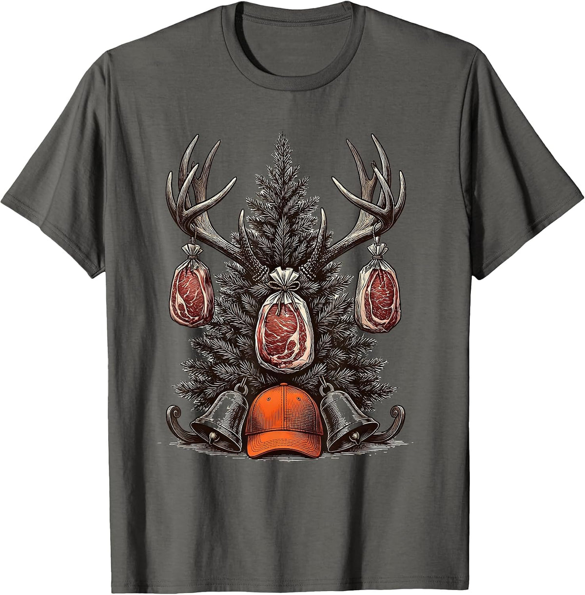 Antler Rack Christmas Tree Hunter Humor Gift T-Shirt - Asphalt Grey