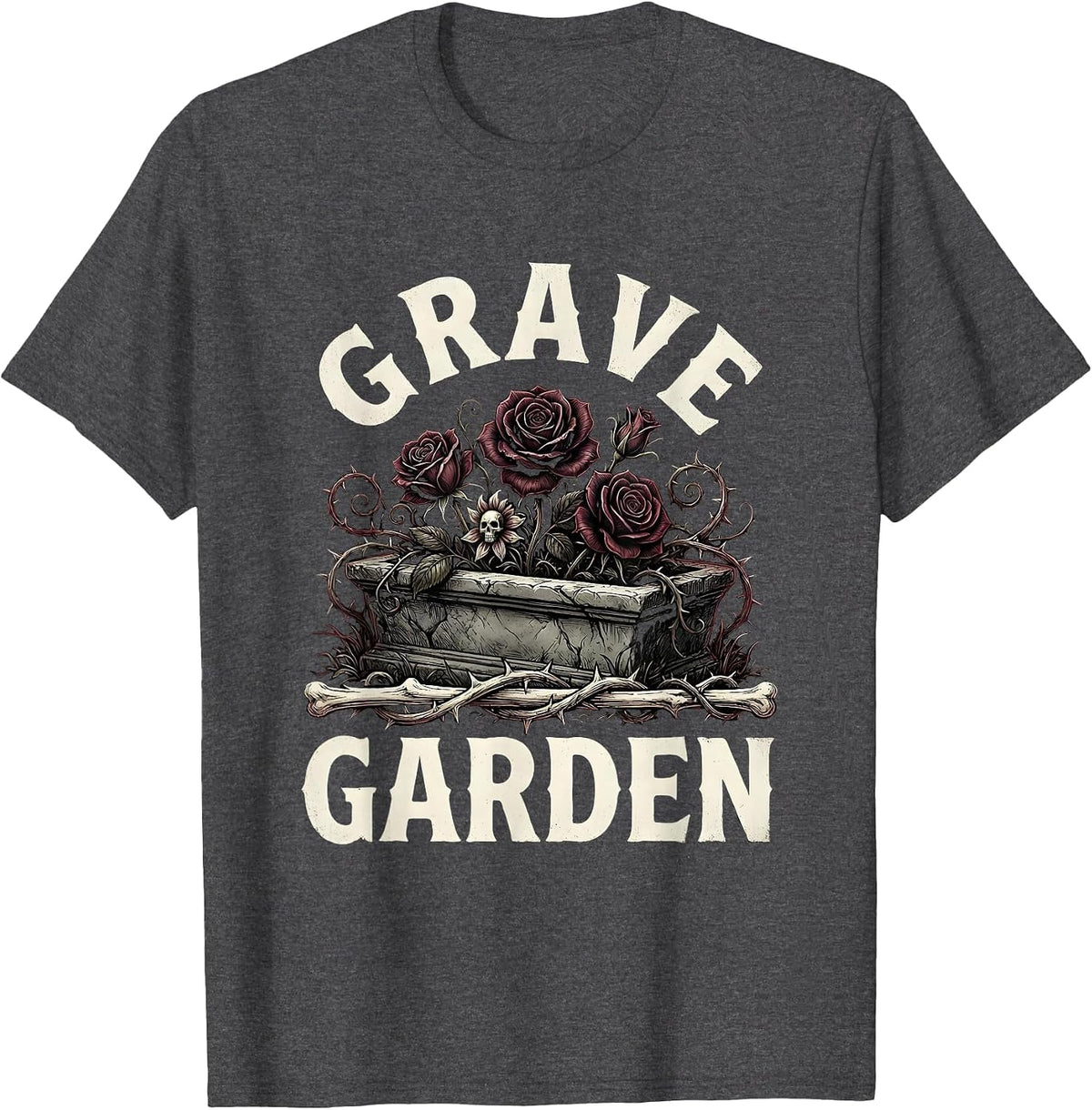 Grave Garden Horror Gothic Occult Illustration Dark Art T-Shirt - Dark Heather Grey