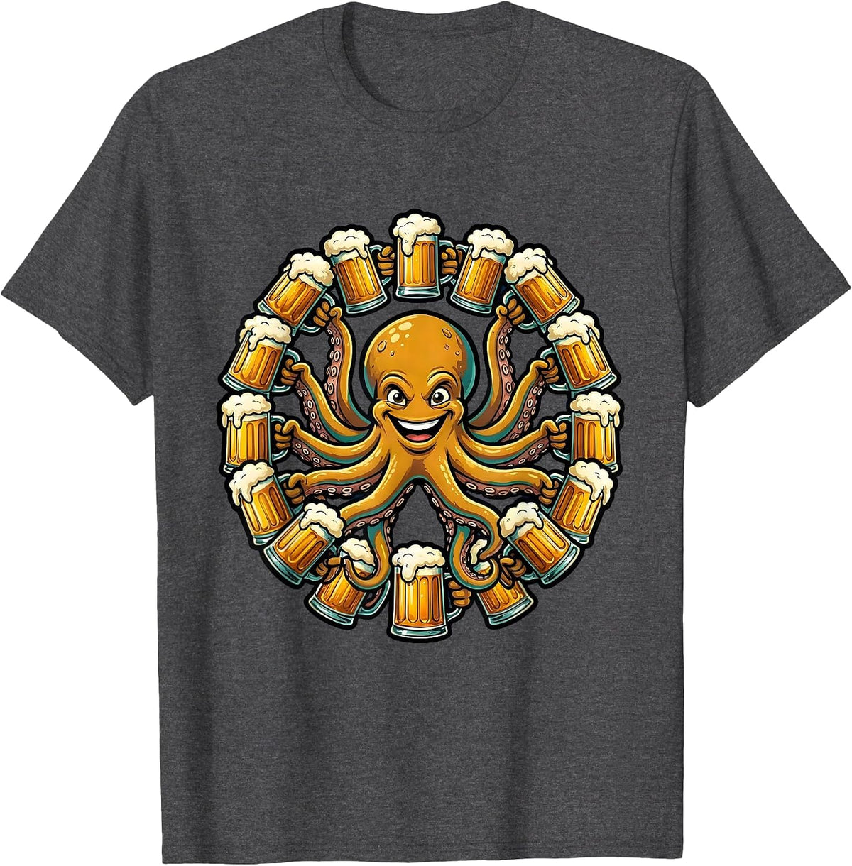 Octopus Beer Mug Holder Funny Drinking Design T-Shirt - Dark Heather Grey