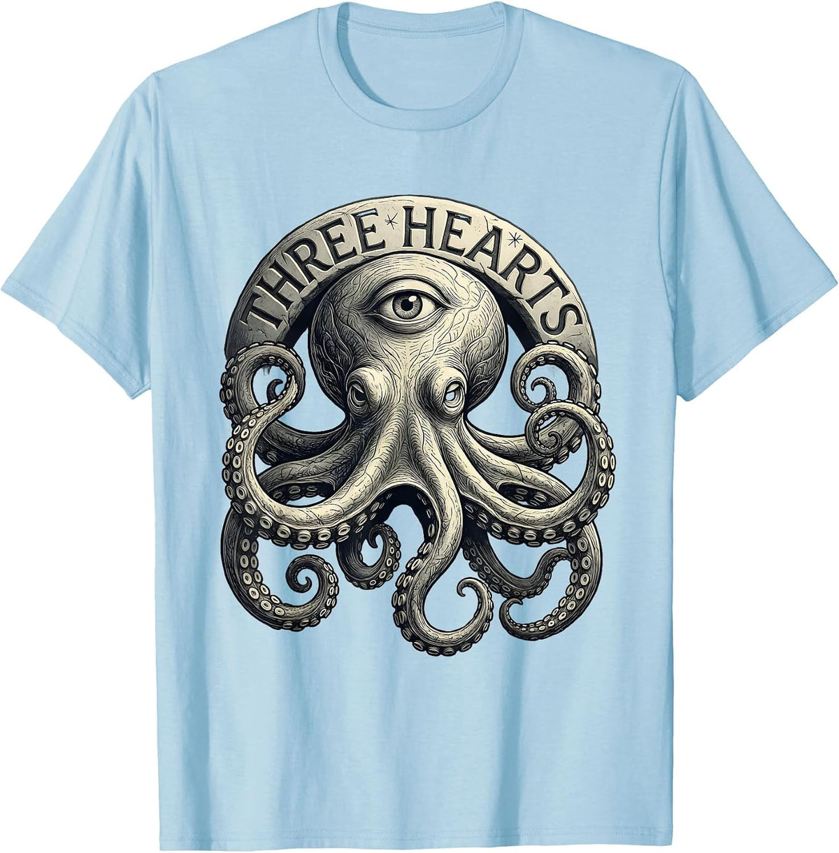 Men's Three Hearts Tactile Monochrome Octopus Lover Ocean Animal T-Shirt - Baby Blue