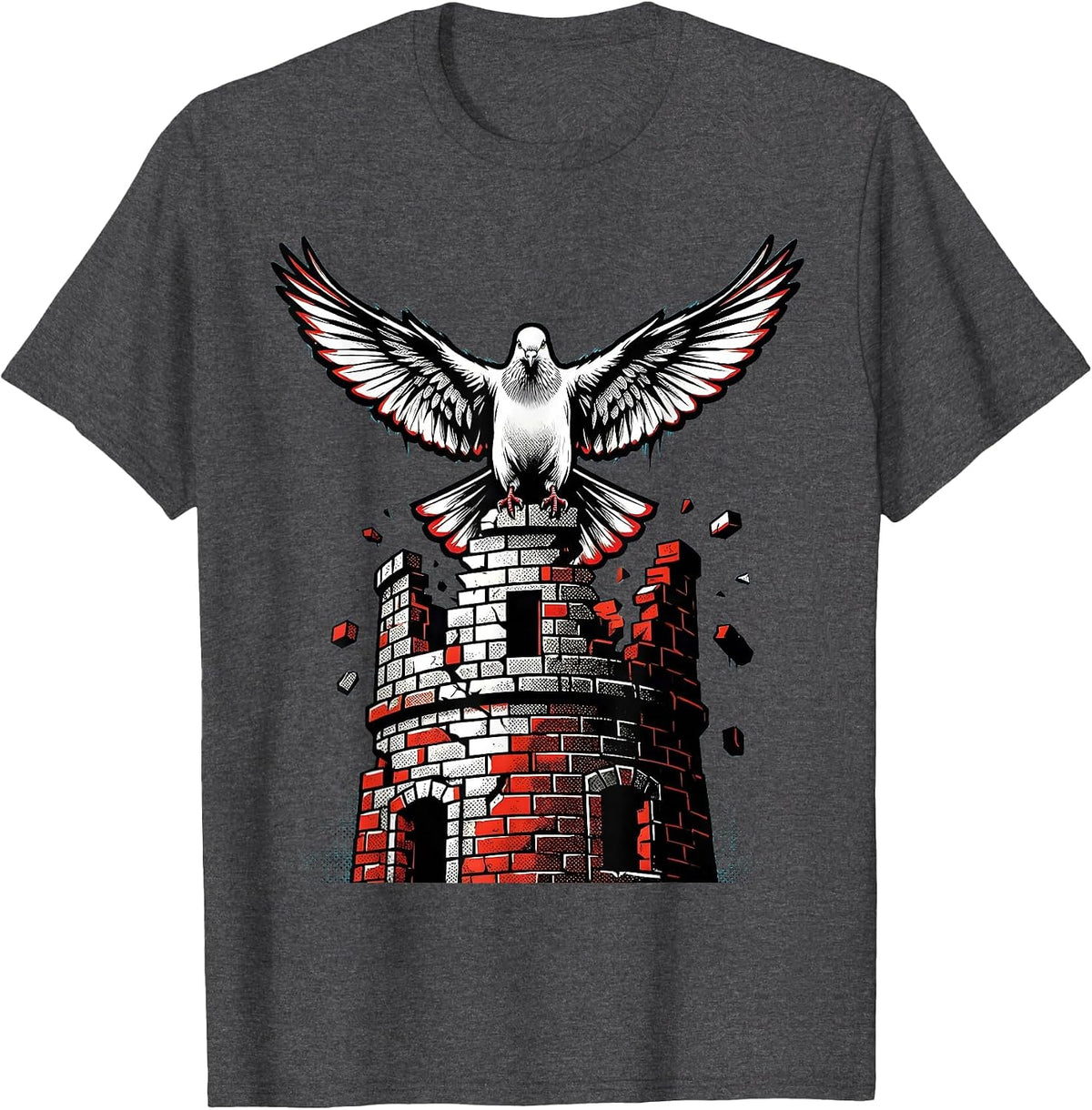 Dove Perched on a Crumbling Tower Illustration T-Shirt - Dark Heather Grey