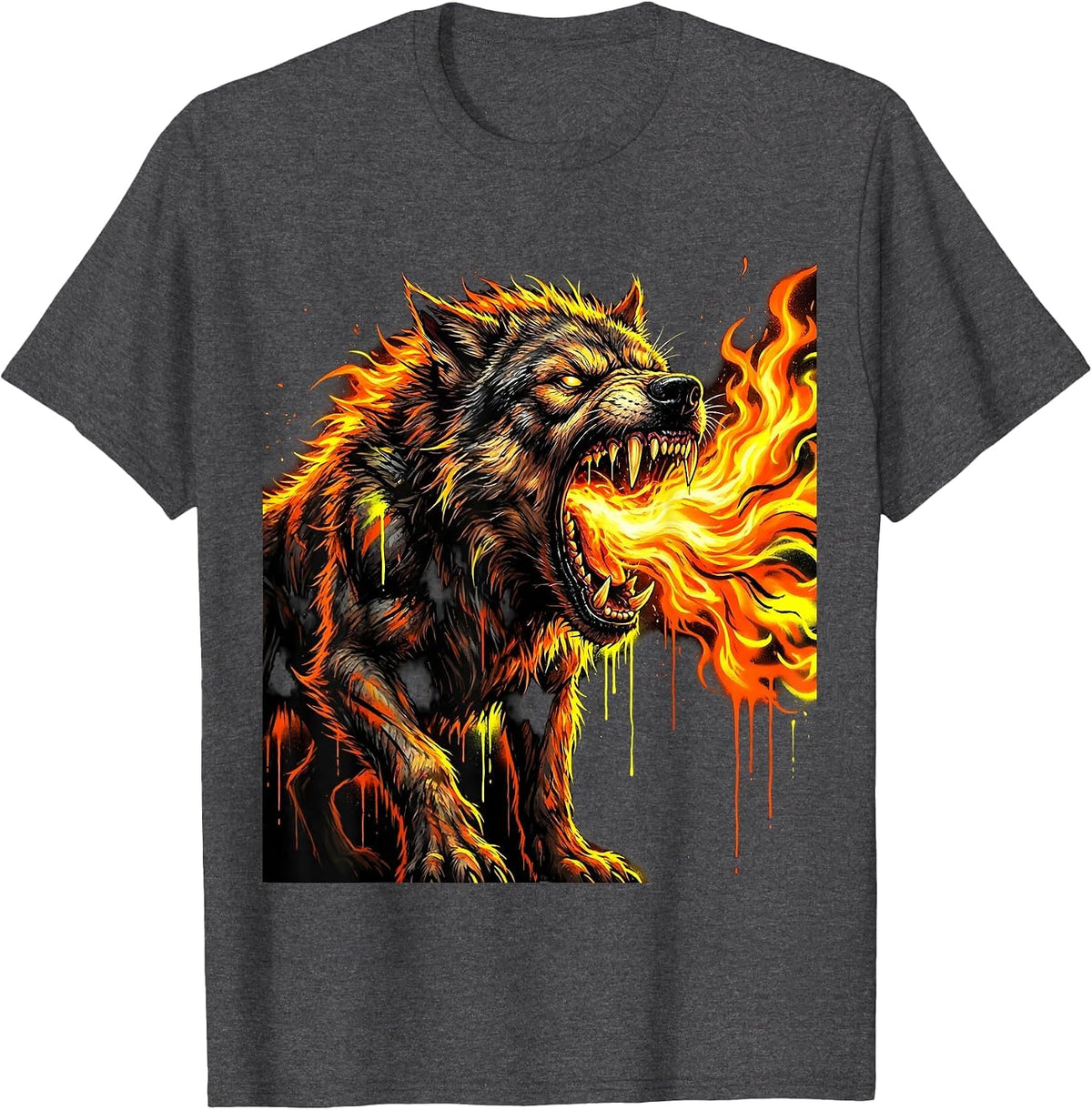 Hellhound Flames Horror Graphic Design T-Shirt - Dark Heather Grey