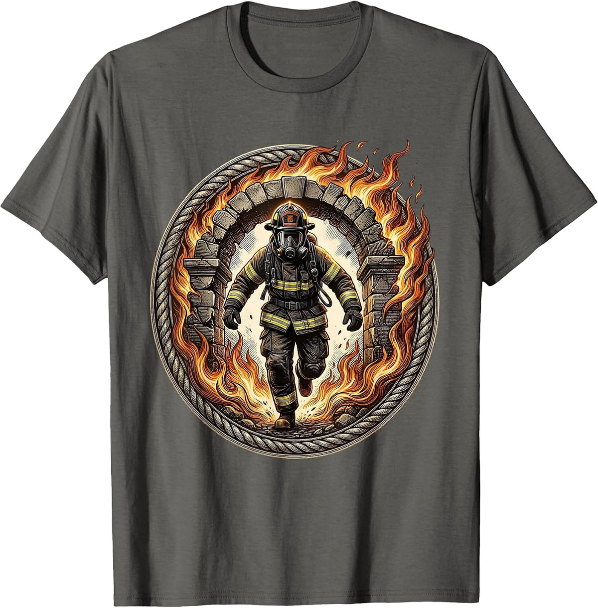 Firefighter Emerging From Flames Graphic T-Shirt - Asphalt Grey