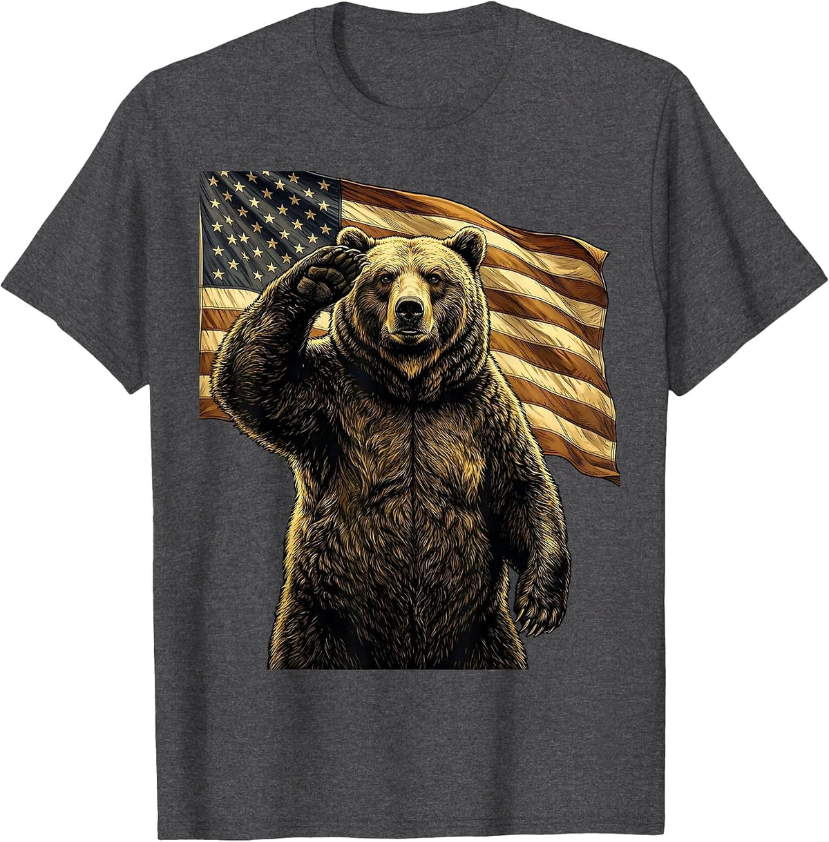 Patriotic Bear Waving American Flag Illustration T-Shirt - Dark Heather Grey
