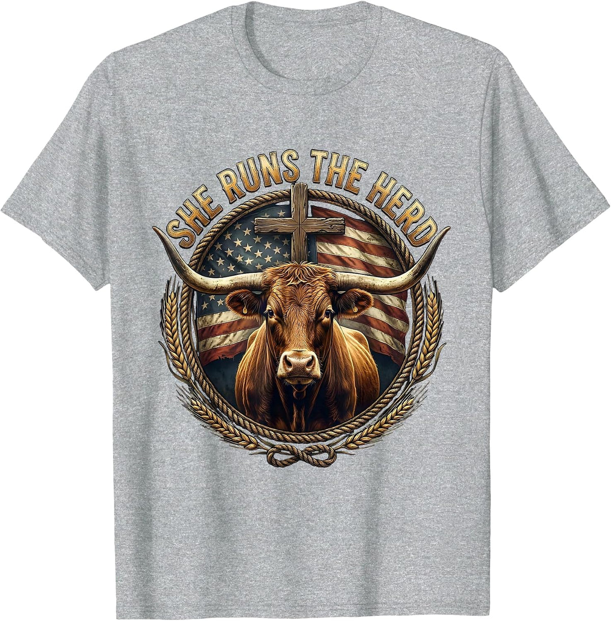 Men's She Runs The Herd Cow Lover Design T-Shirt - Heather Grey