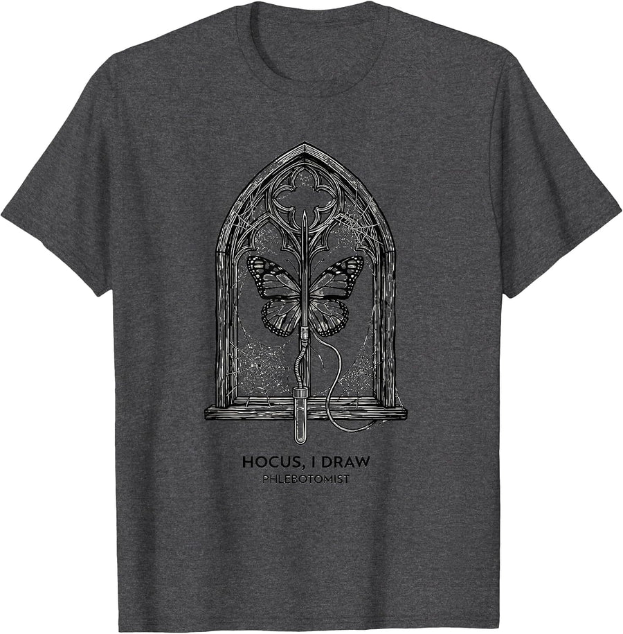 Men's Hocus, I Draw, Phlebotomist Funny Halloween Nurse Lab Tech T-Shirt - Dark Heather Grey