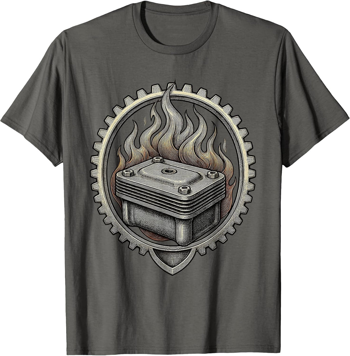 Valley Forge Automotive Engine Valve Cover Flames T-Shirt - Asphalt Grey
