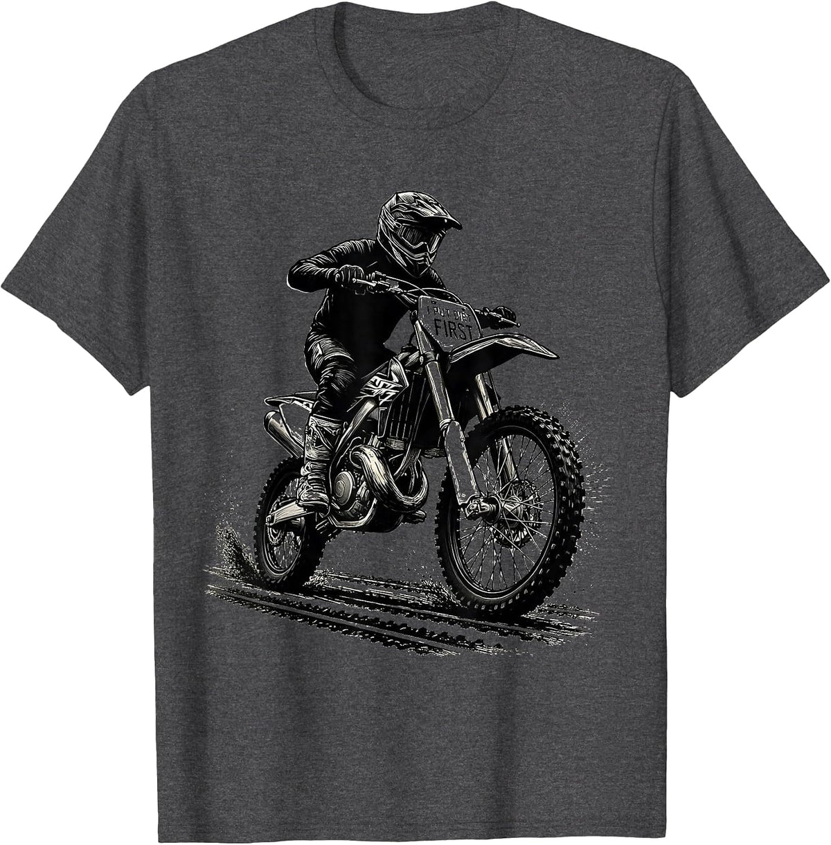 Men's I Put Dirt First Scratchboard Motocross Dirt Bike Rider T-Shirt - Dark Heather Grey
