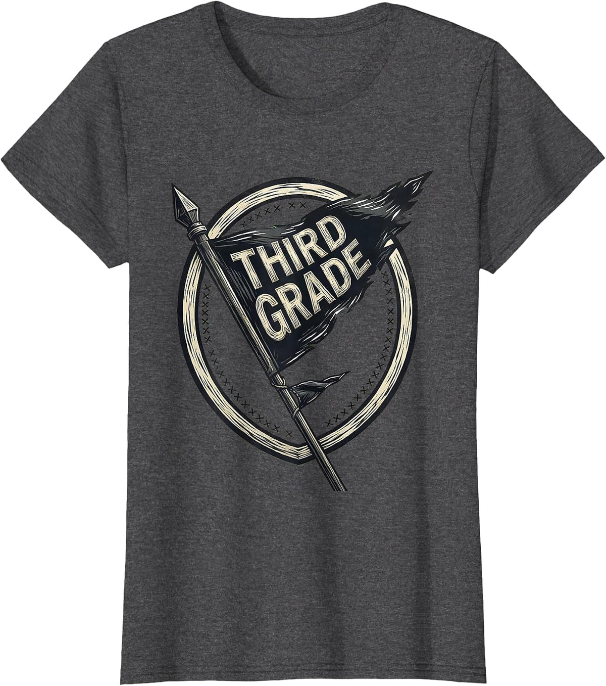 Women's Third Grade Linocut Shield Pennant Back to School Teacher T-Shirt - Dark Heather Grey