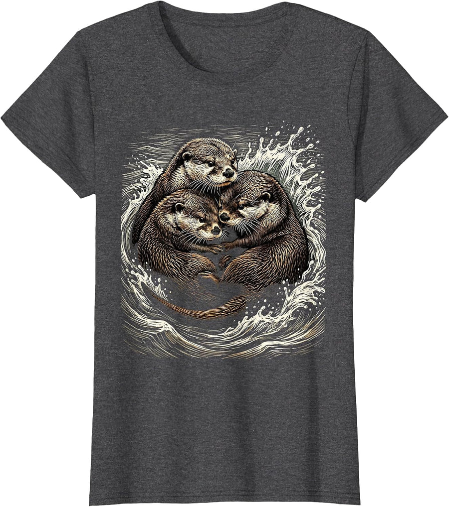 Women's Otter Family in River Current Graphic T-Shirt - Dark Heather Grey
