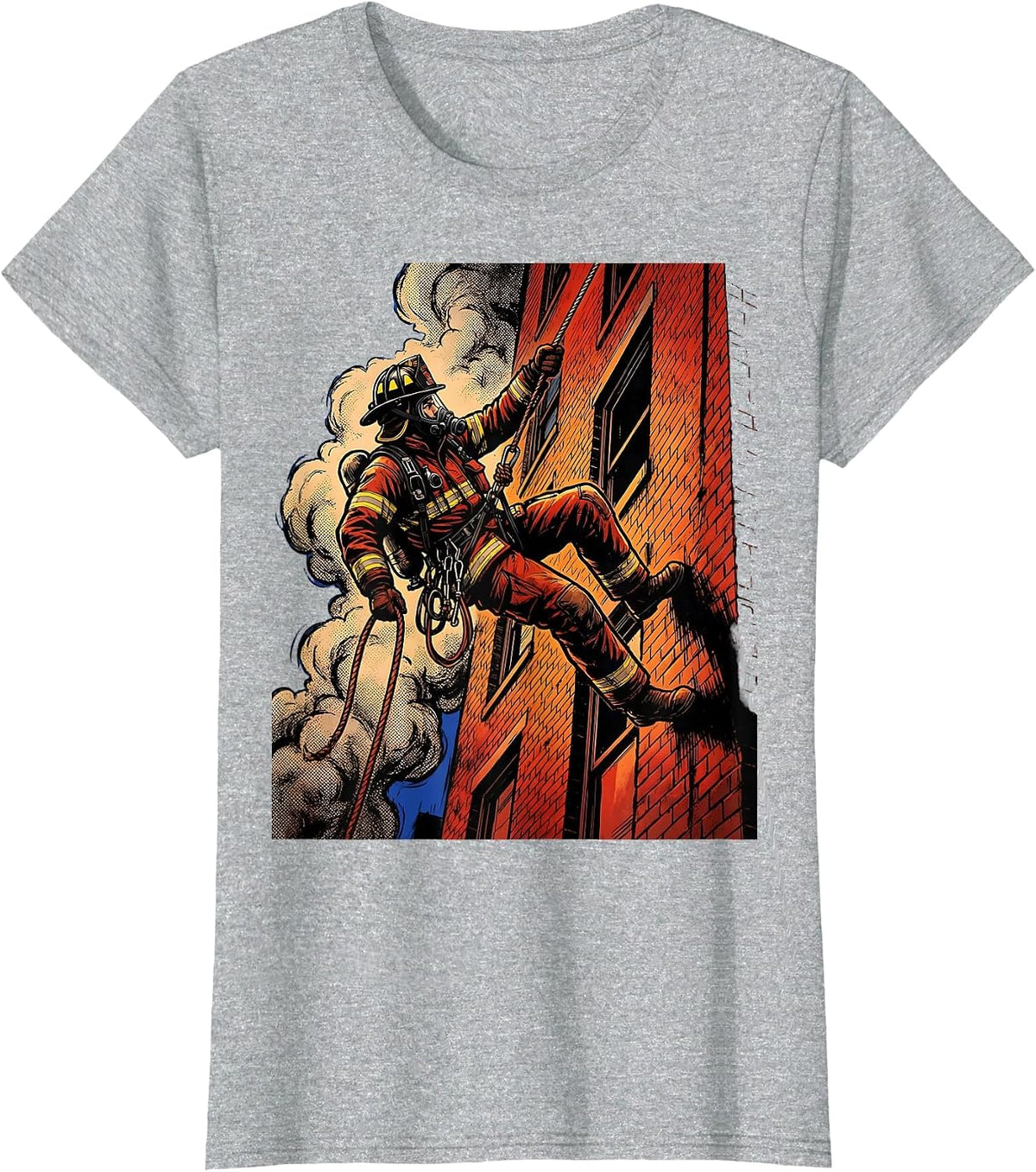 Firefighter Rappelling Smoke-Filled Building Graphic T-Shirt - Heather Grey