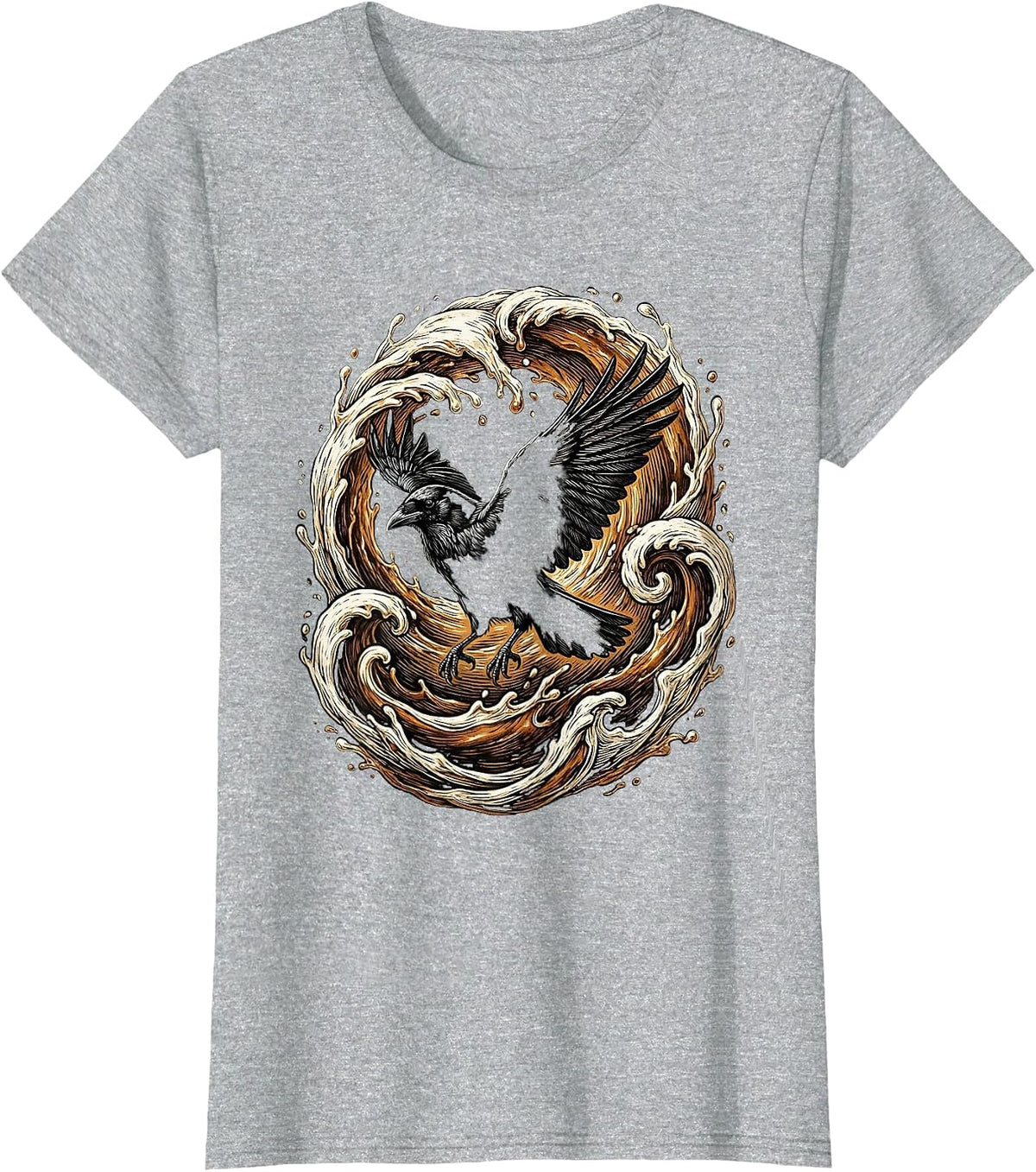 Cawf Crow Silhouette Coffee Cup Splash Art T-Shirt - Heather Grey