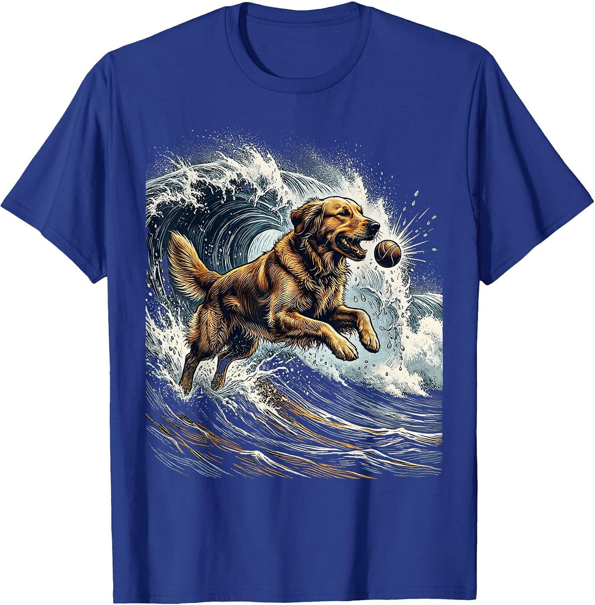 Golden Retriever Fetching Ball in Ocean Waves T-Shirt - Royal Blue