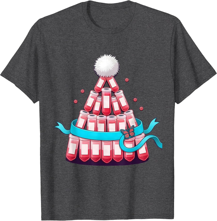 Oversized Santa Hat Blood Tubes Phlebotomist Holiday Humor T-Shirt, Men, Dark Heather Grey, Small - As Pictured