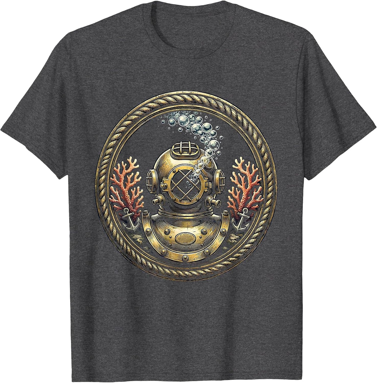 Vintage Diving Helmet Bubbles Navy Graphic T-Shirt - Dark Heather Grey
