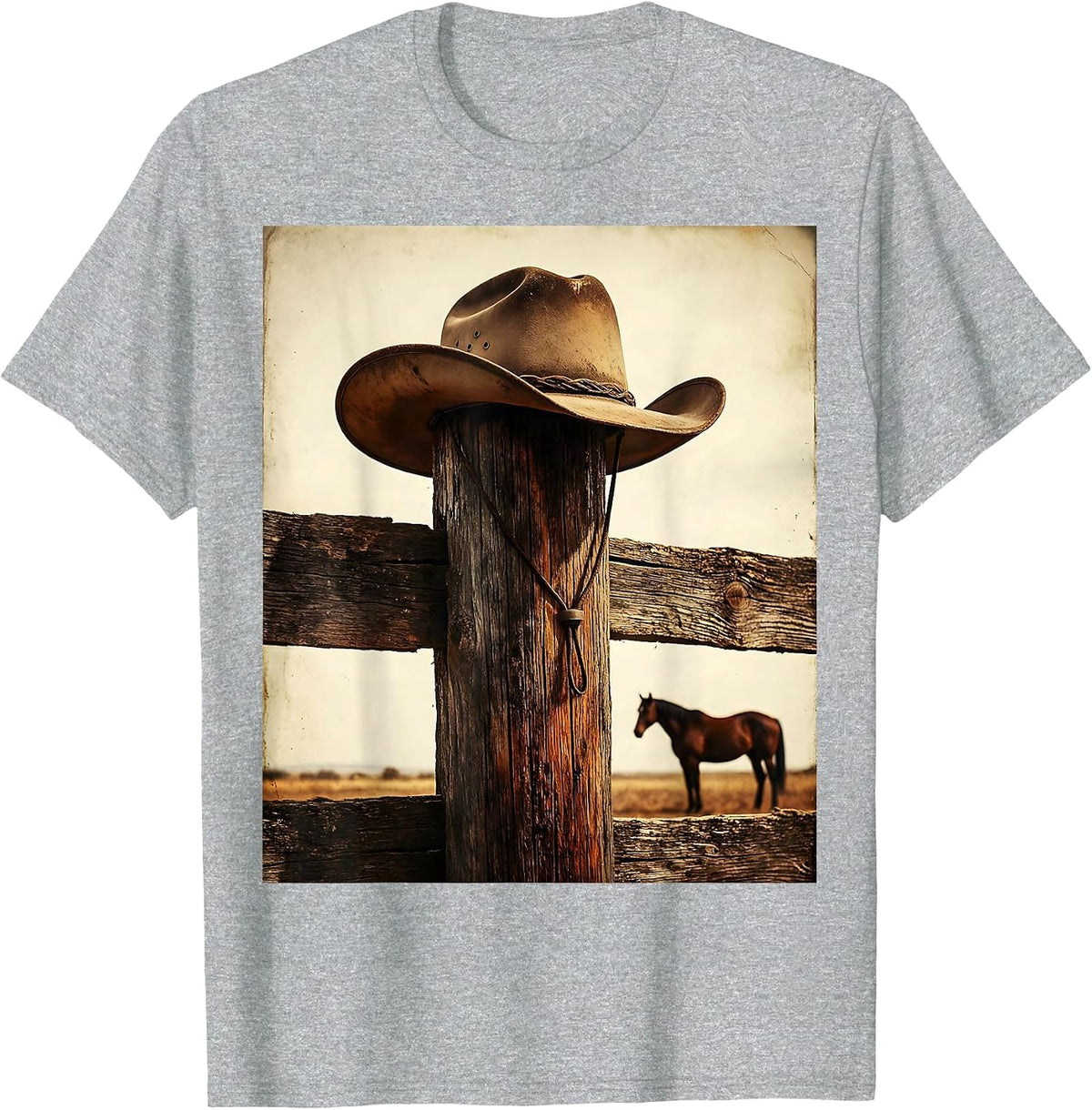 Men's Cowboy Hat on Fence Post Western Horse Design T-Shirt - Heather Grey