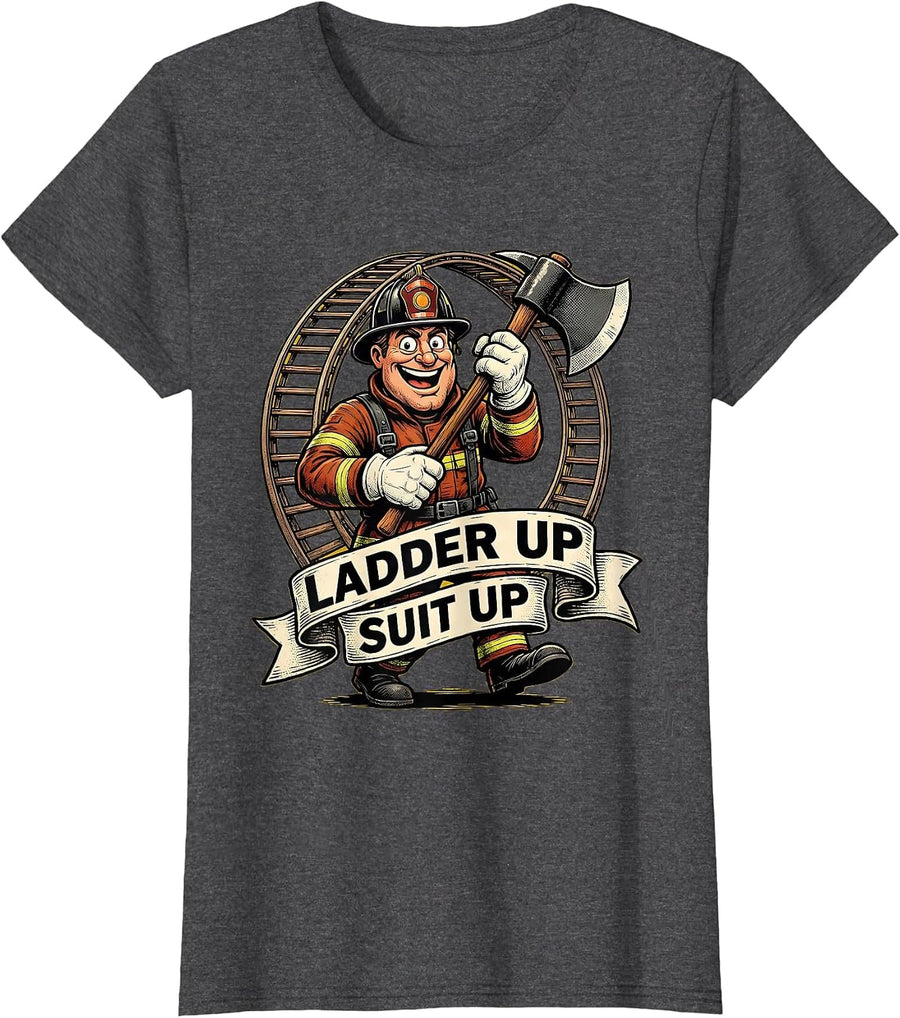 Women's Ladder Up Suit Up Firefighter Graphic Design T-Shirt - Dark Heather Grey
