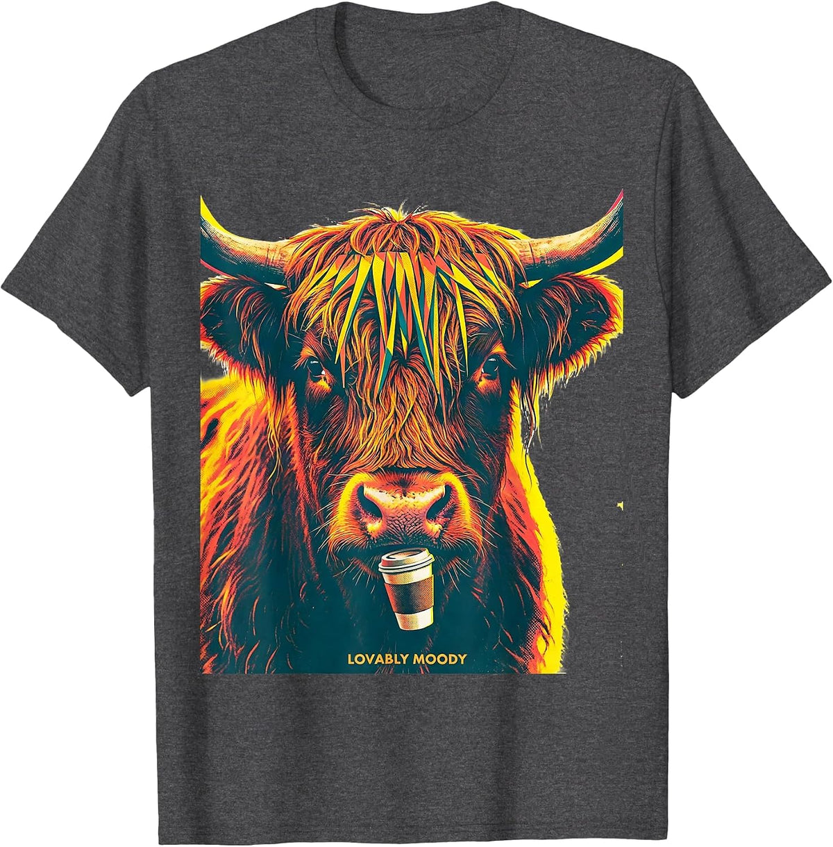 Lovably Moody Highland Cow Funny Cute Coffee Lover Graphic T-Shirt - Dark Heather Grey