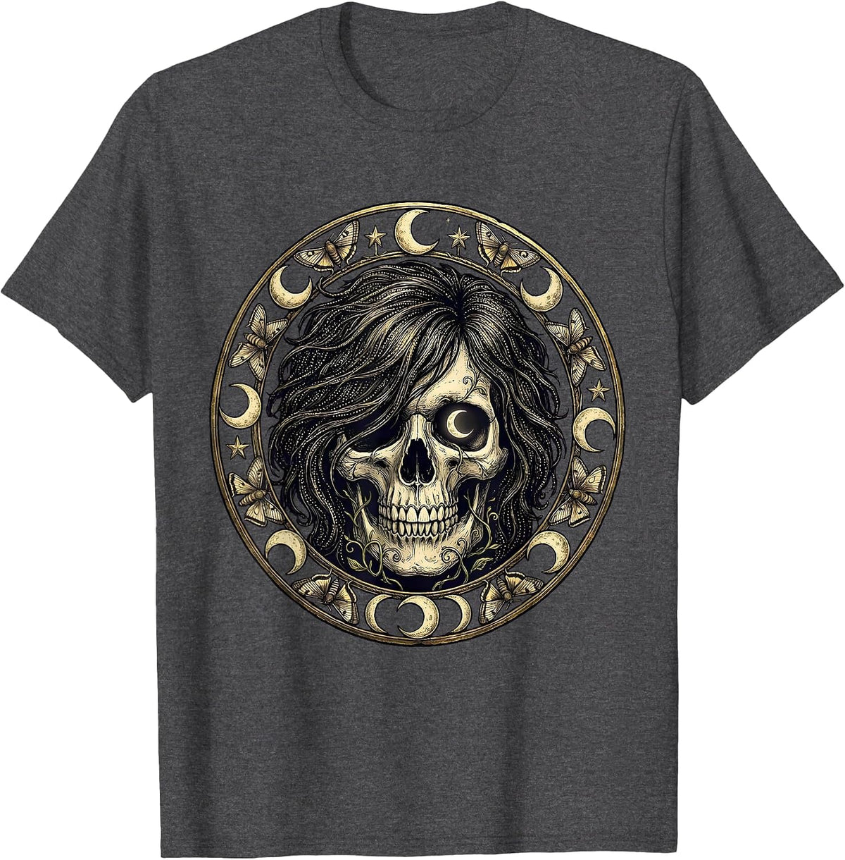 Emo Skull Side-Swept Hair Graphic Design T-Shirt - Dark Heather Grey