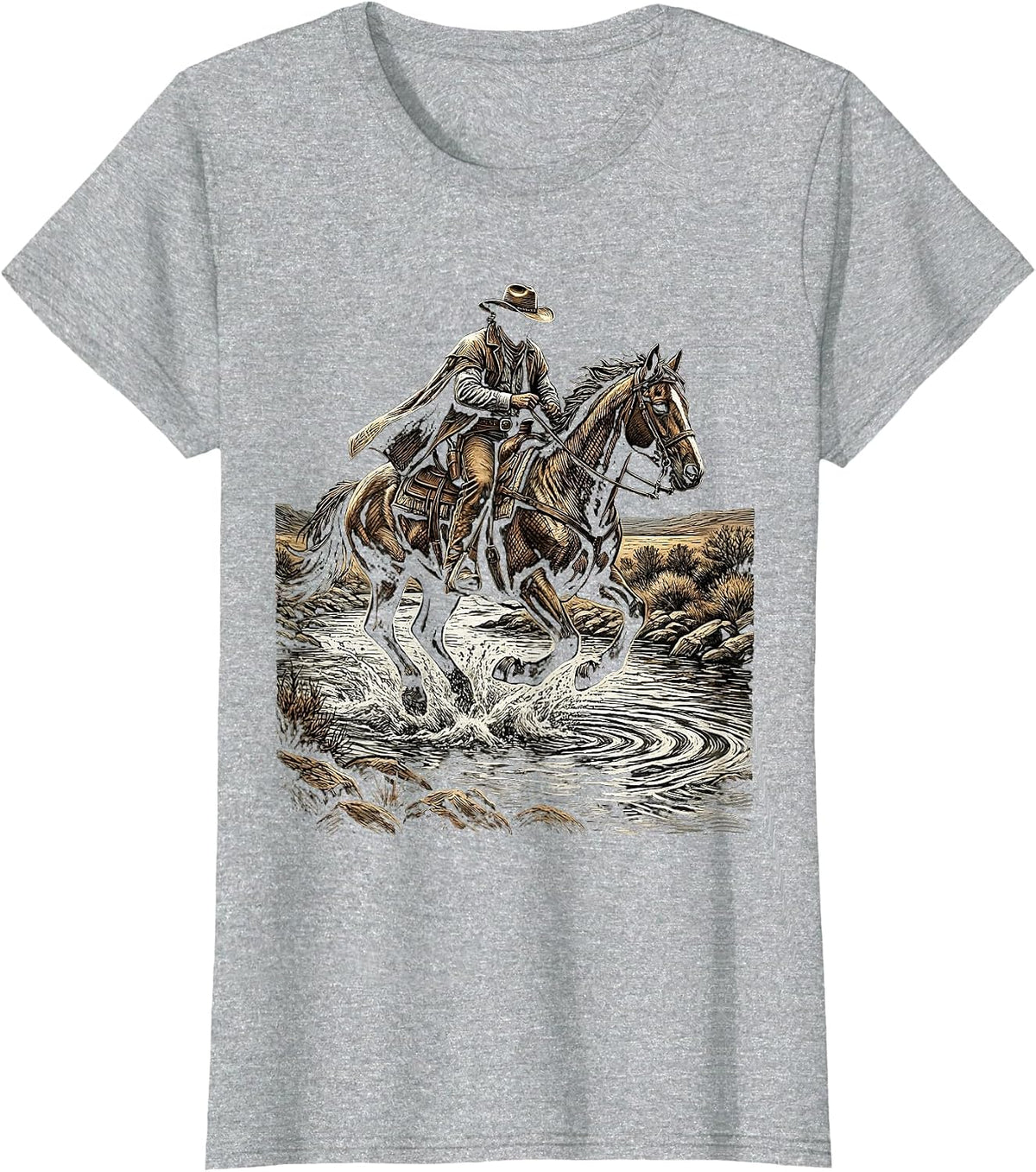 Women's Cowboy Riding Horse Through River Crossing T-Shirt - Heather Grey