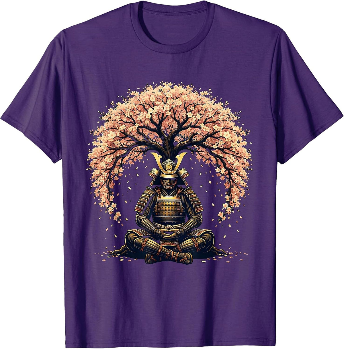 Samurai Meditation Cherry Blossom Graphic T-Shirt - Purple