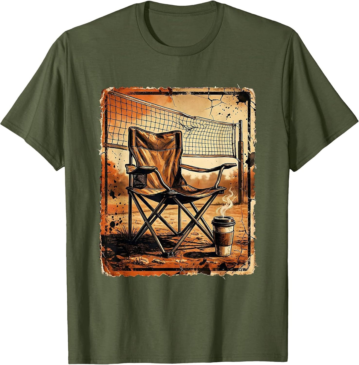 Volleyball Mom Folding Chair Coffee Net Graphic T-Shirt - Olive Green