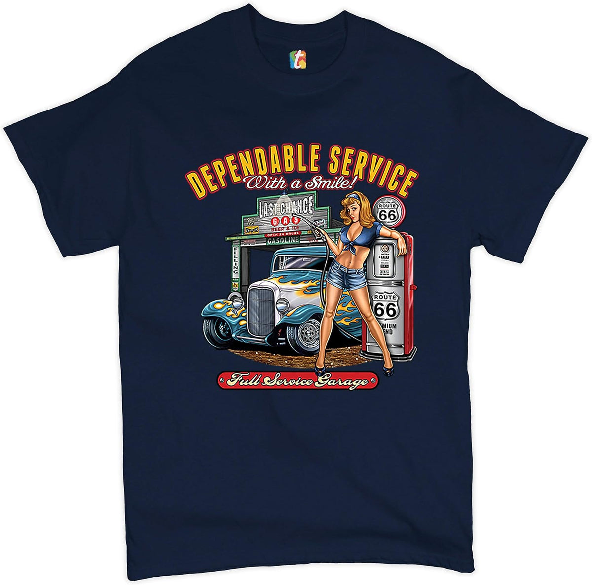 Dependable Service T-Shirt Route 66 Hot Rod Full Service Garage Men's Tee - Navy Blue