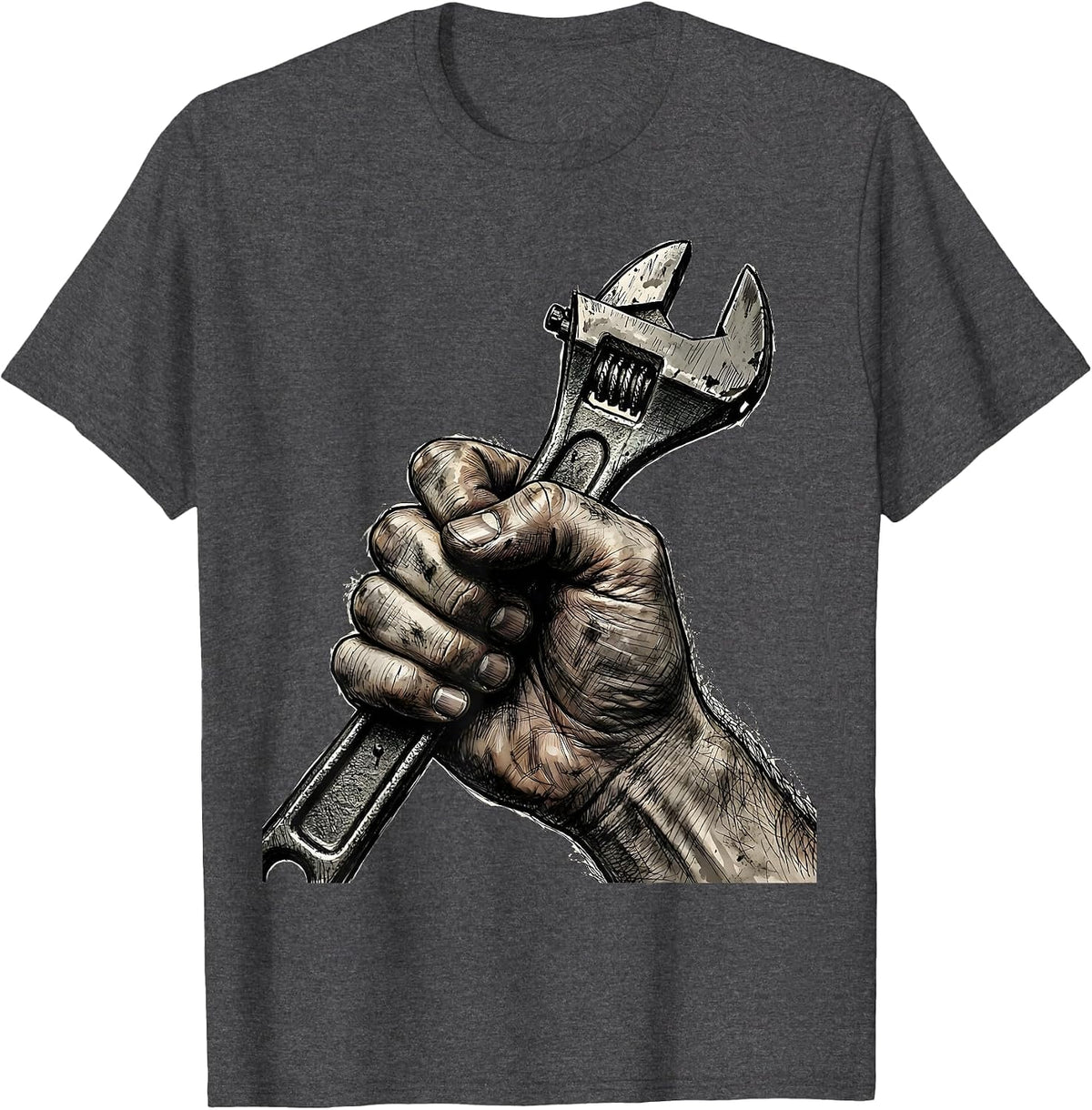 Men's Grease Monkey Mechanic Wrench Graphic Tee T-Shirt - Dark Heather Grey