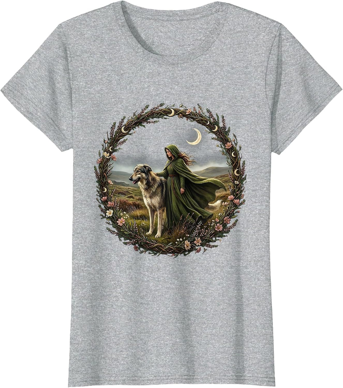 Irish Wolfhound and Moorland Companion Design T-Shirt - Heather Grey