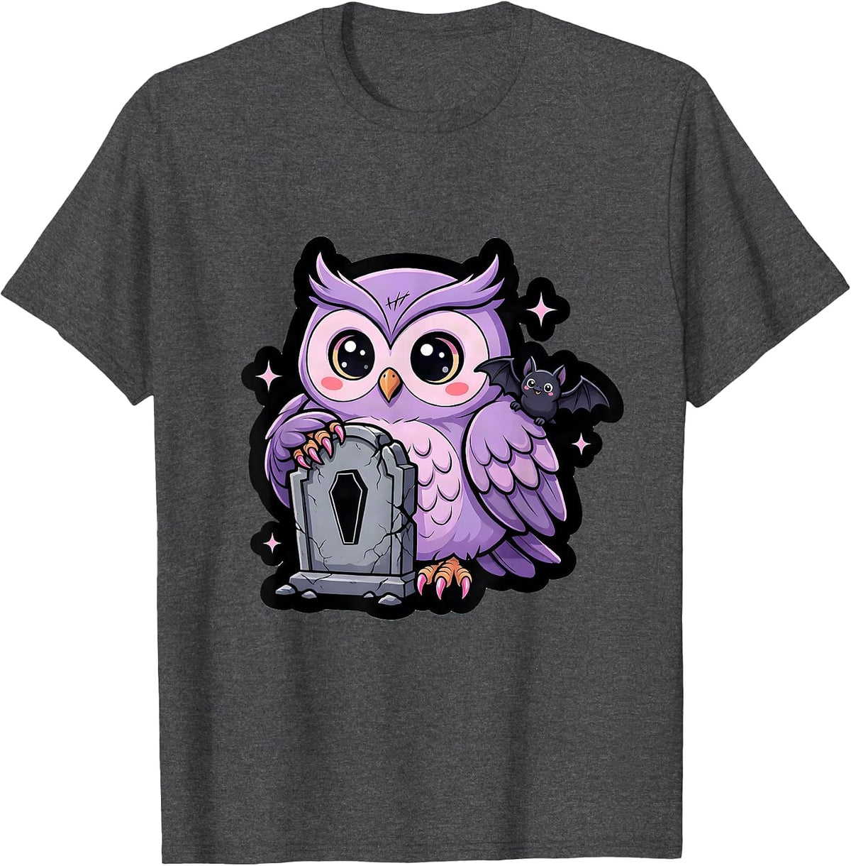 Gothic Owl on Crumbling Tombstone Illustration T-Shirt - Dark Heather Grey