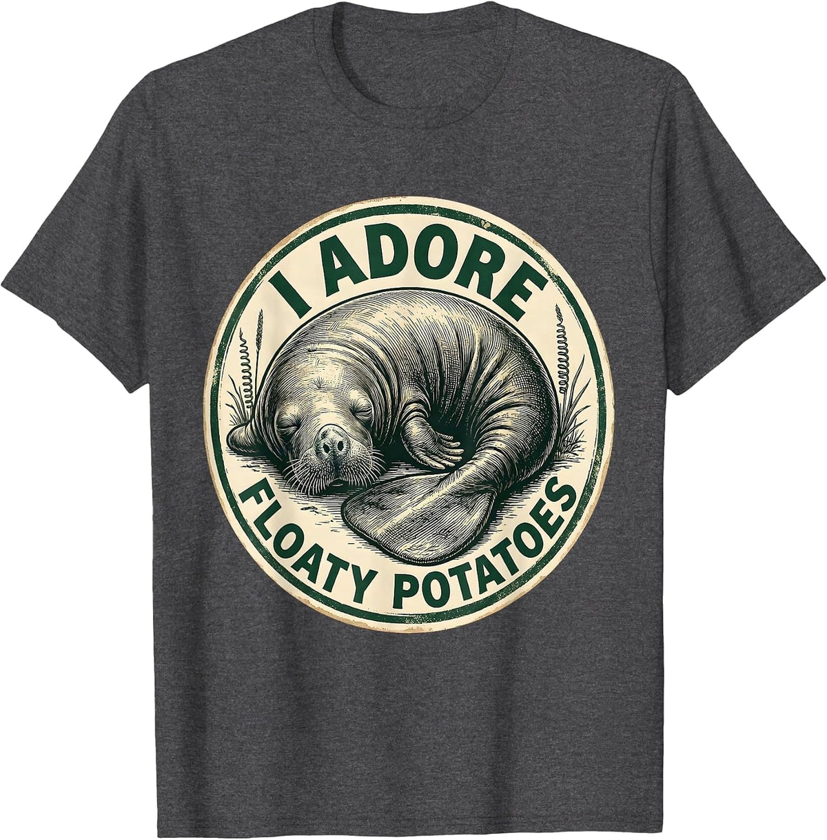 Men's I Adore Floaty Potatoes Vintage Manatee Lover Humor T-Shirt - Dark Heather Grey