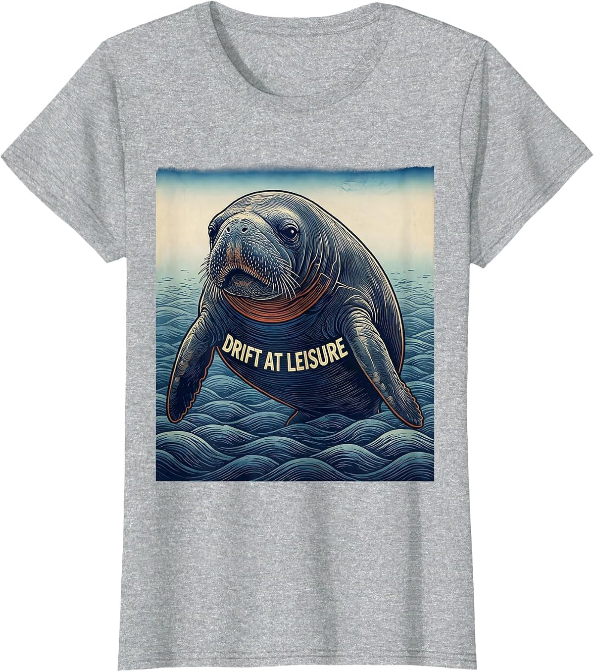 Women's Drift At Leisure Ukiyo-e Manatee Lover Animal Humor T-Shirt - Heather Grey