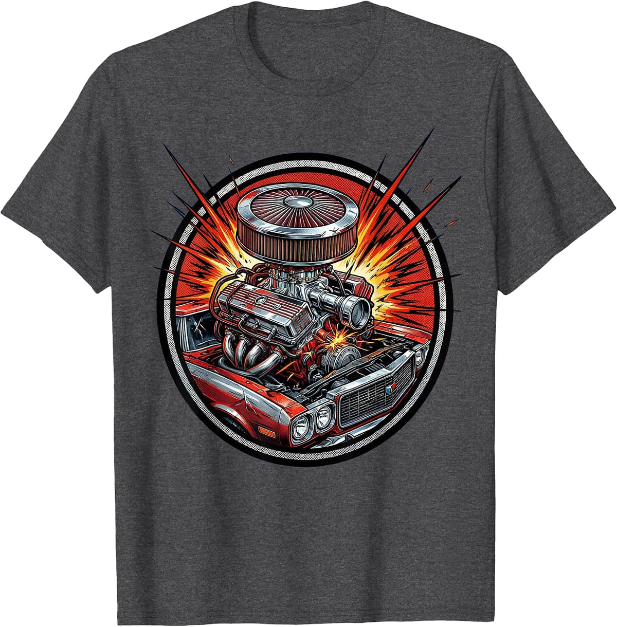 Gen X Muscle Car Engine Bursting Through Hood T-Shirt - Dark Heather Grey