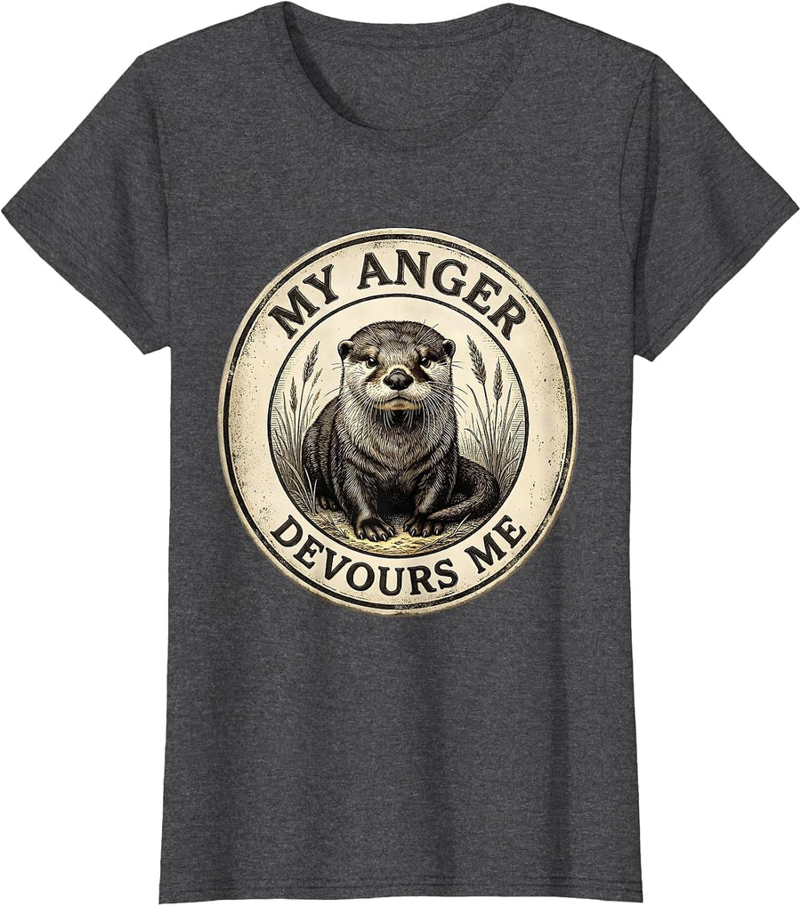 Women's My Anger Devours Me Funny Irony Cute Baby Otter Vintage T-Shirt - Dark Heather Grey
