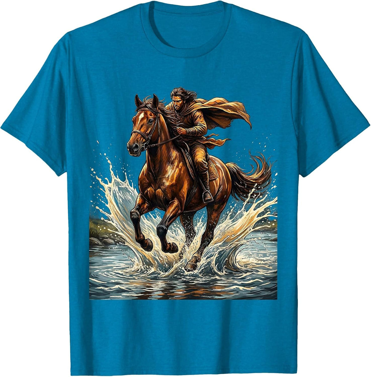 Horse and Rider River Crossing Illustration T-Shirt - Sapphire Blue
