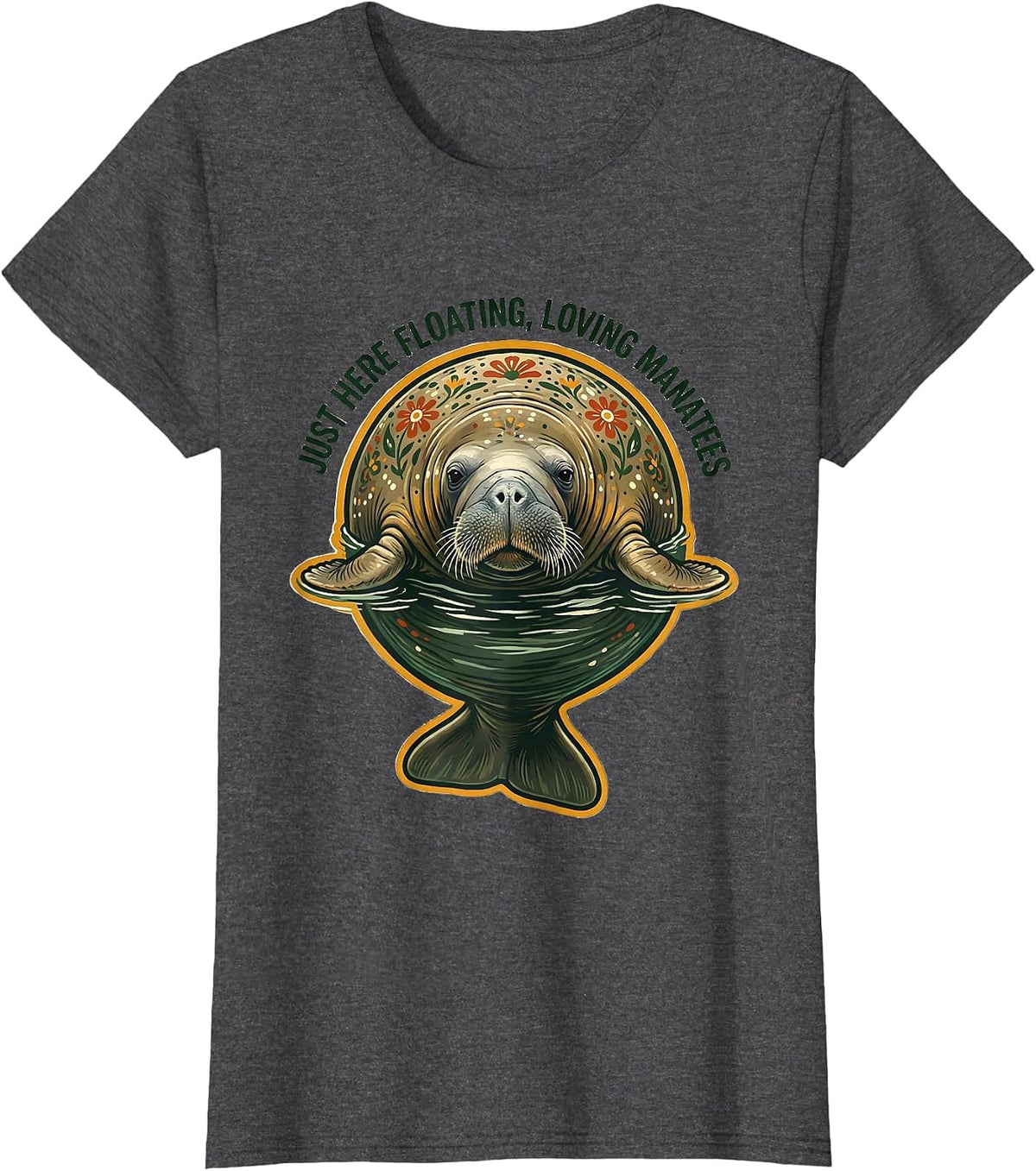 Women's Just Here Floating Loving Manatees Folk Art Florida Souvenir T-Shirt - Dark Heather Grey