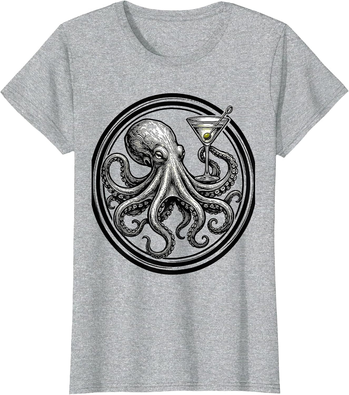 Octopus Martini Glass Cocktail Bar Art T-Shirt - Heather Grey