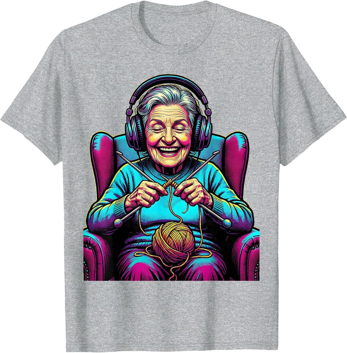 Men's Grandma Knitting With Headphones On Graphic T-Shirt - Heather Grey