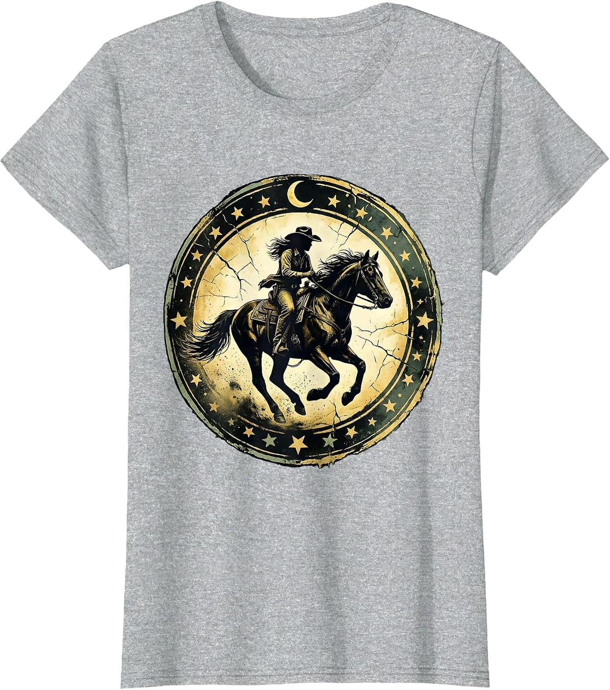 Women's Cowgirl Riding Horse Under Starry Night Sky T-Shirt - Heather Grey