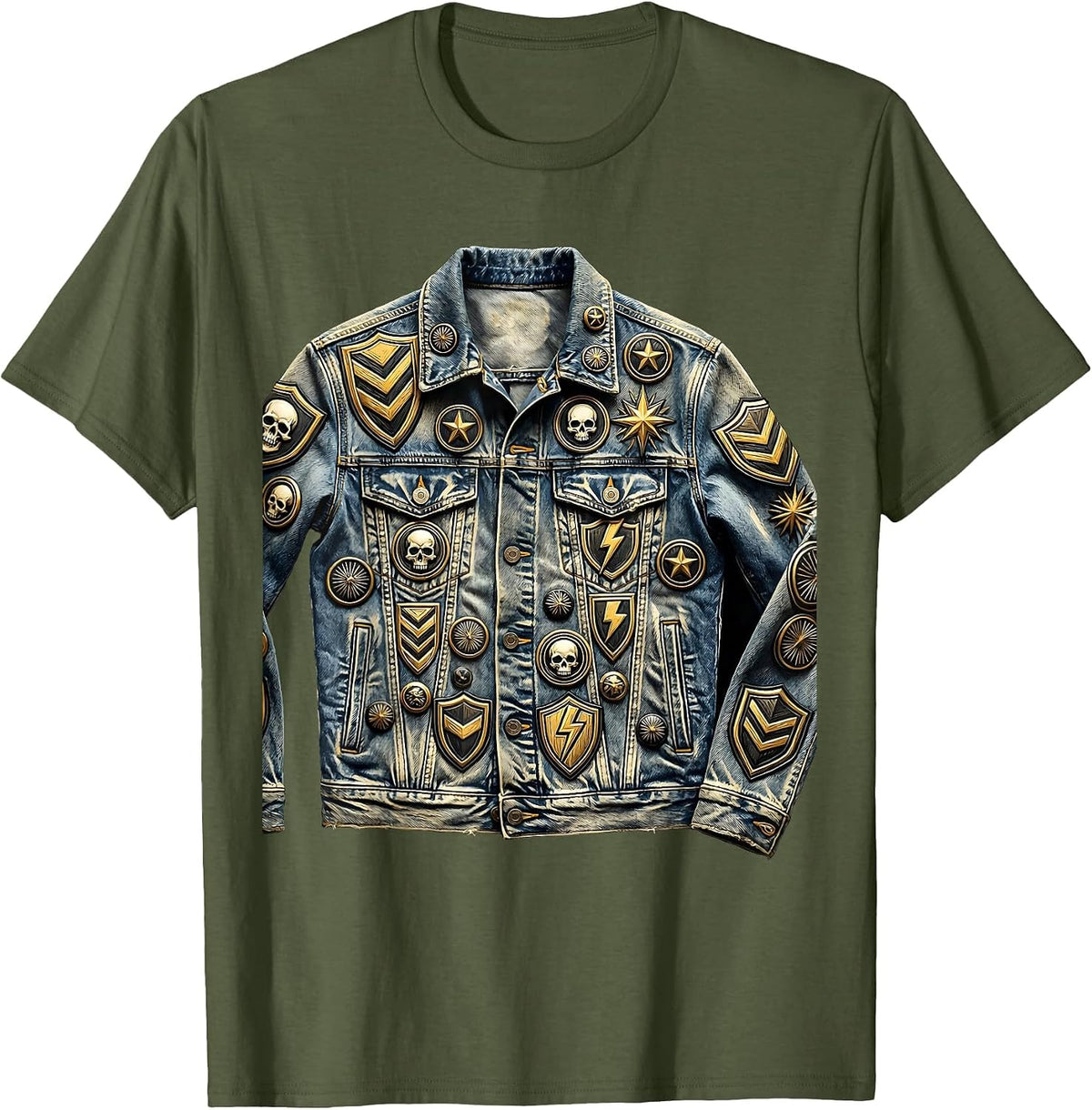 Patched Band Jacket Graphic Tee T-Shirt - Olive Green