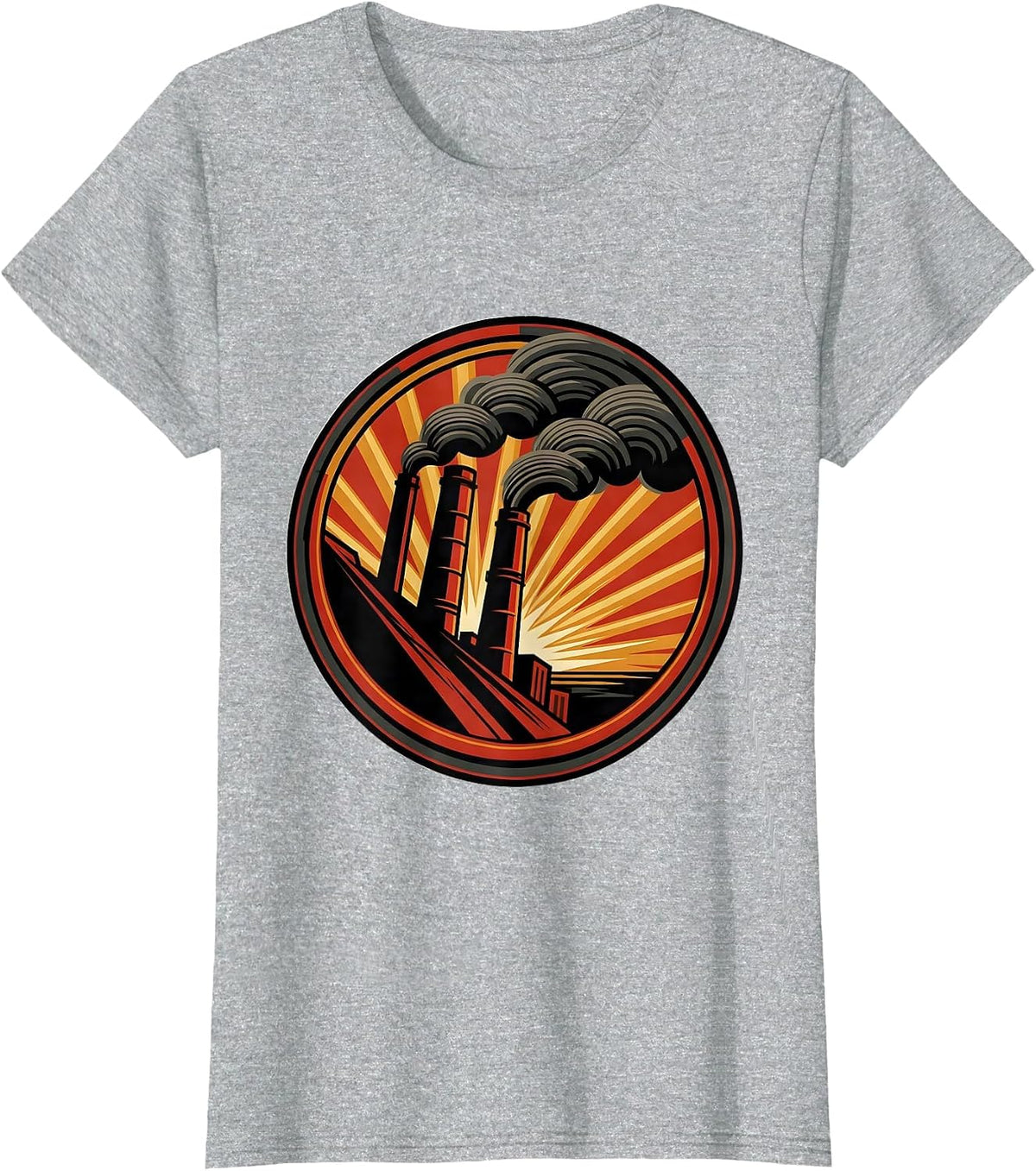 Factory Smokestack Fiery Sunset Labor Day Design T-Shirt - Heather Grey