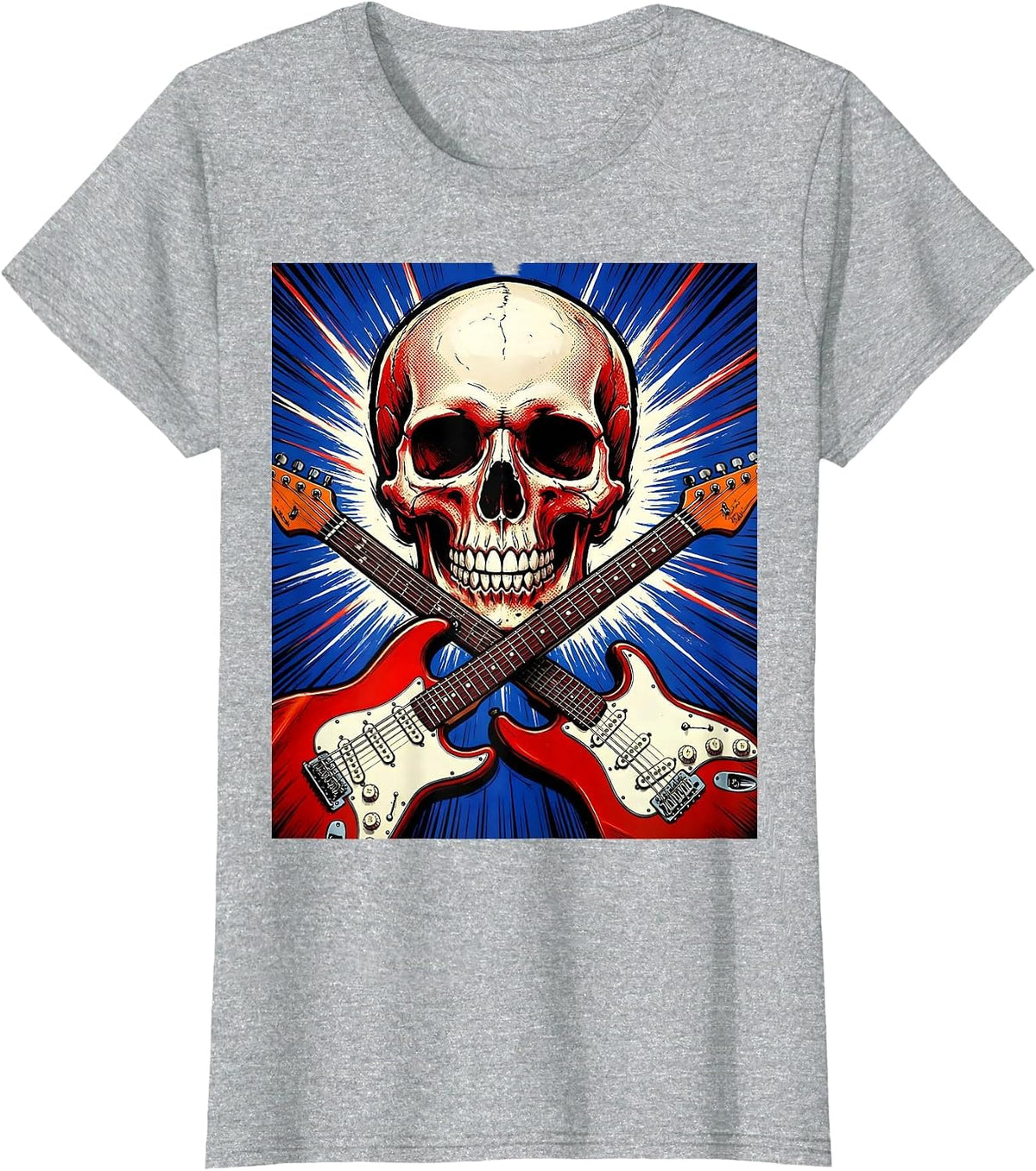 Skull Crossed Electric Guitars Rock Band Graphic T-Shirt - Heather Grey